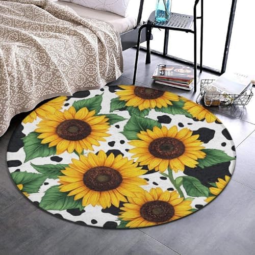 Machine Washable Modern Round Area Rug, Room Sofa Yoga Soft Round Carpet, Home Decor Non Slip Kitchen Office Circle Rug 80s Vintage Sunflower Cow Print, 24inch