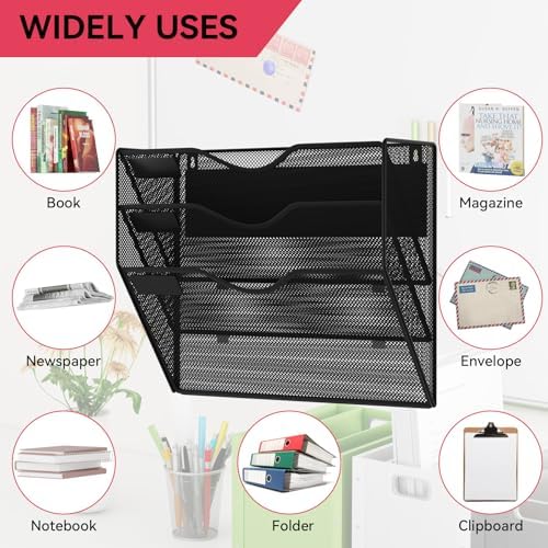 3-Tier Magnetic File Holder, No Drilling Wall File Organizer, File Folder Bins, Mail & Magazine Rack, Magnetic Paper Document Holder for Refrigerator File Cabinets Whiteboard, Black