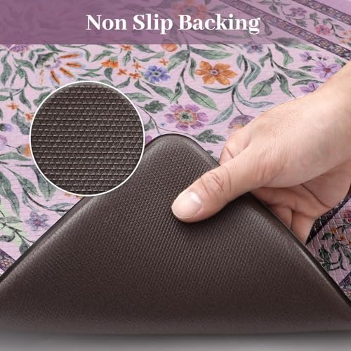 KIMODE Anti Fatigue Kitchen Mats,Purple Boho Floral Kitchen Rugs Sets of 2