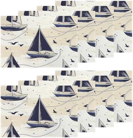 Shrahala Maritime Ocean Set of 8 12 X 18 Inch Linen Placemats, Boat Nautical Elements Burlap Table Mat Washable Double Layered Heat Insulation for Indoor/Outdoor