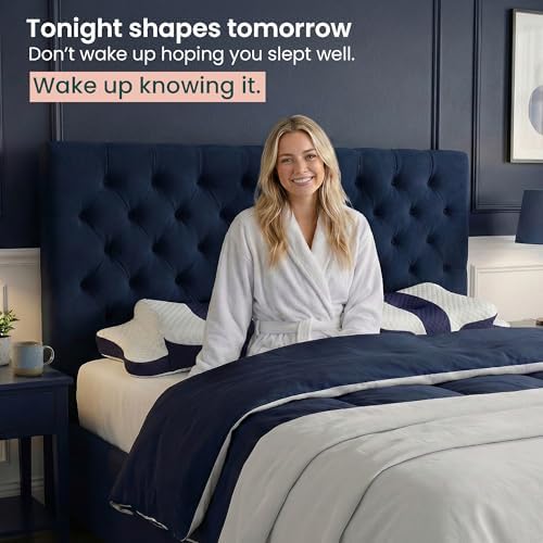 Ergonomic Cervical Neck Pillow for Sleeping – Memory Foam Cervical Pillow for Side Sleepers and Back Sleepers – Contour Neck Support (Navy Blue/White)