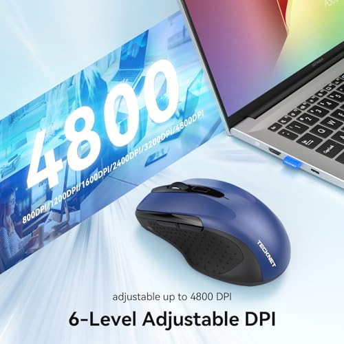 TECKNET Rechargeable Jiggler Wireless Mouse, Dual-Mode Connectivity, Blue