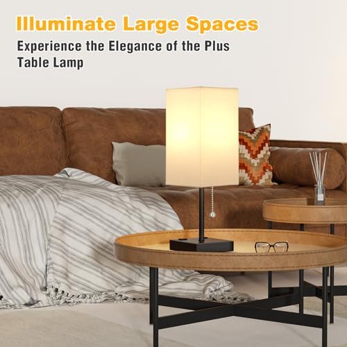 aooshine 17.4" White Bedside Table Lamp for Bedroom - USB C+A, 2 AC Outlets