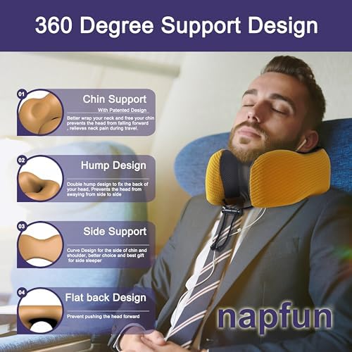 napfun Neck Pillow for Travel, Memory Foam Airplane Pillow, Yellow
