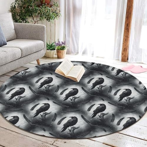 Large Round Area Rug Home Decor Modern Bathroom Rug Kitchen Office Circle Rug for Living Room Sofa Circle Cute Mat Black Crow Raven