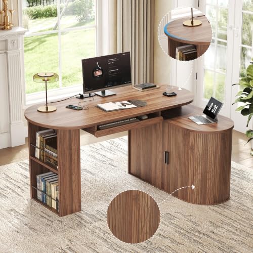 HSH L Shaped Office Corner Desk with Storage Cabinet Walnut 55 Inch