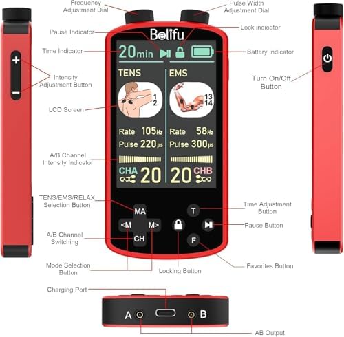 TENS EMS Unit Muscle Stimulator for Pain Relief Therapy - 4 in 1 TENS EMS Relax Custom Frequency+Pulse - Muscle Massager 36 Modes 20 Intensity, Memory & Favorites Function, 3.8" Color Display - Red