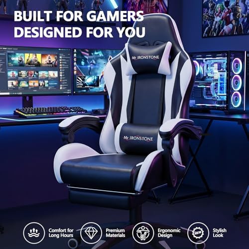 Mr IRONSTONE Gaming Chair with Footrest, Ergonomic Reclining Gamer Chair with Lumbar Support & Massage, High Back Racing Style Video Game Chair, Adjustable Headrest, Swivel Desk Chair, Black
