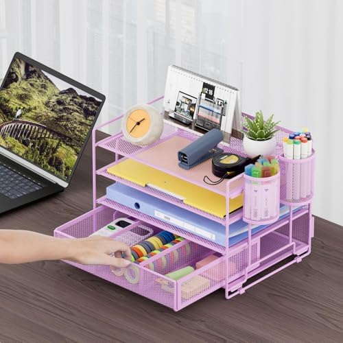 Marbrasse Desk Organizer, 4-Tier Paper File Letter Tray, Purple-2P