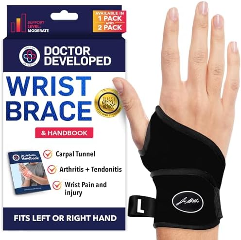 Doctor Developed Wrist Brace, Wrist Wraps for Carpal Tunnel Arthritis, Tendonitis, Hand Support, Ideal for Fitness, Weightlifting - Handbook Included (Wrist Brace - Large)