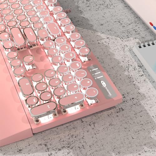 MageGee Typewriter Mechanical Gaming Keyboard, Retro Punk Pink Round Keycaps, 104 Keys LED White Backlit Wired Keyboards for Laptop MAC PC Gamer, with Magnetic Wrist Rest, Blue Switch