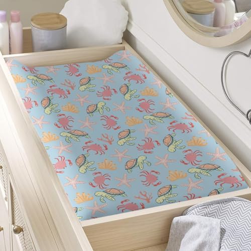 Cartoon Sea Turtle Crabs Starfish Pattern Baby Changing Pad Cover, Unisex Ocean Animals Nursery Diaper Changing Table Pad Mat Sheet for Boys Girls-16x32