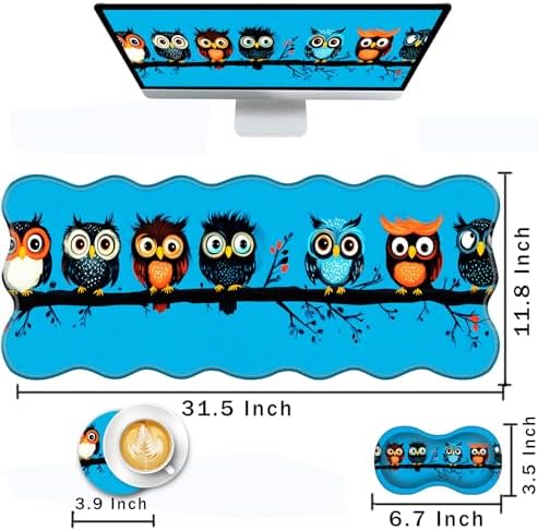 Mouse Pad with Wrist Support + Desk Mat + Coaster 3 in 1 Set, XL Large Gaming Mousepad Ergonomic Mouse Pads for Desk Computer Laptop Office,Cute Owls on a Branch