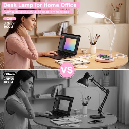 Pink Desk Lamp, Cute Desk Lamp for Girls, Wireless Charger, Dorm
