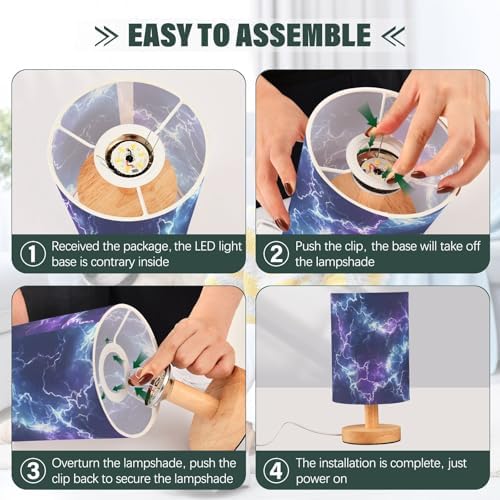Bedside Lamp Dark Blue Purple Lightning Table Lamp for Bedroom LED Nightstand Lamp Shade USB Ports Wood Base for Living Room Dorm Office