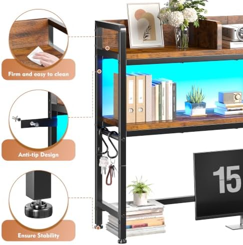 REIBII 2-Tier Desk Shelf, LED, Bedroom and Home Office, Rustic Brown
