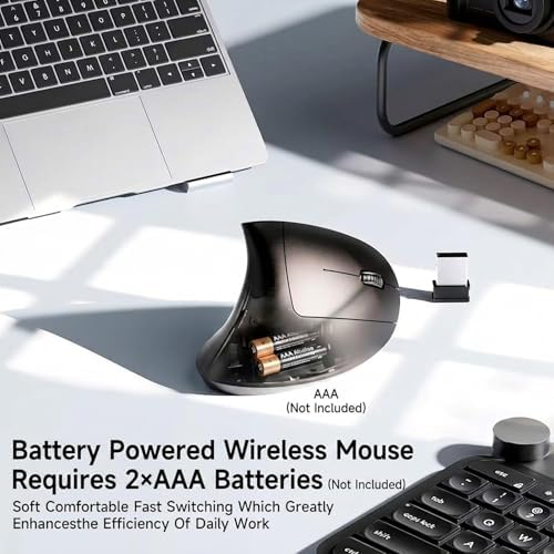 Ergonomic Vertical Wireless Mouse, 2.4G Optical Mouse with USB Receiver, 800-1600 DPI, Silent Click, Battery Powered, 5 Buttons, Stylish Comfortable Mouse for Laptop, PC, Mac, Computer (Black)