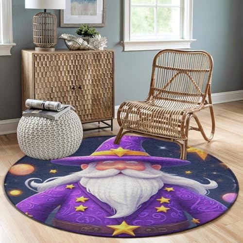 Soft Round Yoga Carpet, Large Home Decor Mat, Non Slip Machine Washable Kitchen Office Circle Rug Cartoon Sleepy Gnome Purple