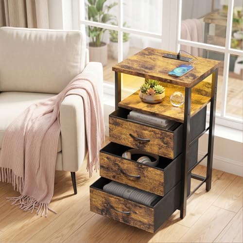 Fixwal Night Stand with 3 Fabric Drawers, Nightstand with Charging Station