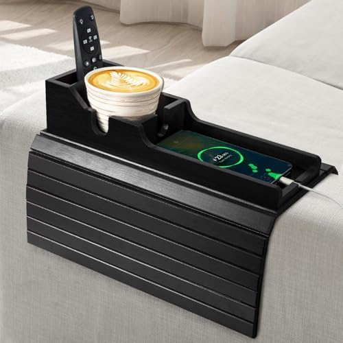 Yoshiky Black Bamboo Couch Armrest Table, Couch Arm Tray with Removable Couch Cup Holder, 2 in 1 Design Foldable Anti-Slip Bamboo Couch Tray and Sofa Cup Holder for Drink