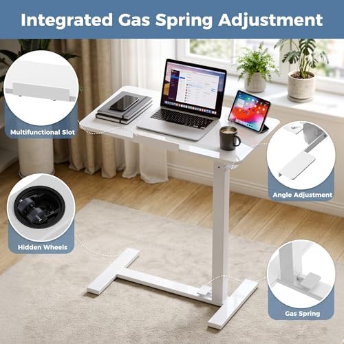 DUMOS Overbed Table with Wheels, Height-Adjustable Bedside Table, White