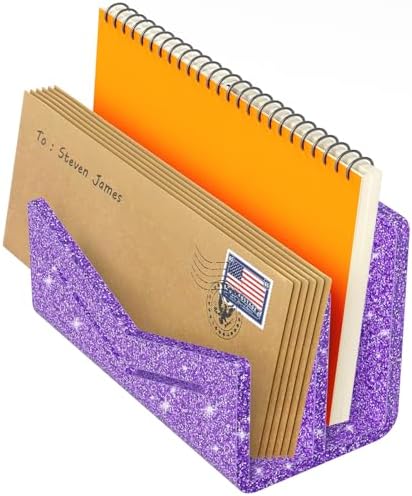 Beego Envelope and Mail Organizer Countertop - 2 Compartments Glitter Purple Acrylic Desk Organizer Letter Holder Desktop File Sorter Bill Document Folder Rack for Office, Home, School