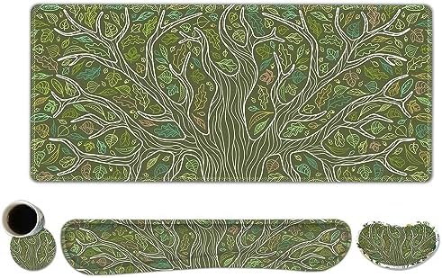 ToLuLu Desk Mat, Gaming Mouse Pad Wrist Support 4 in1 Set, XXL Large Mouse Pad + Keyboard Wrist Rest + Memory Foam Cushion Mouse Wrist Rest for Pain Relieve + Coaster Table Computer PC, Green Leaves
