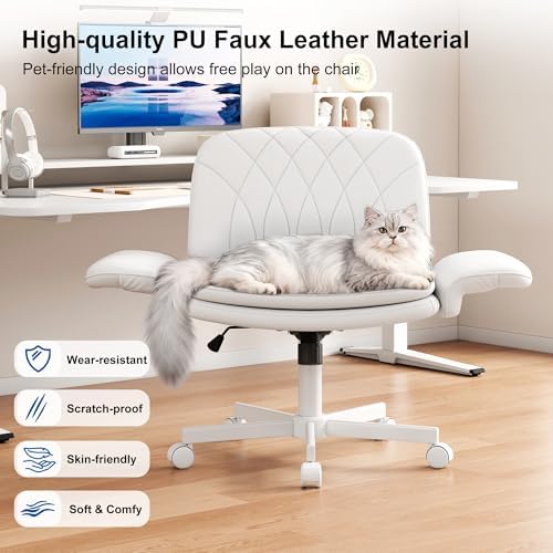 Misolant Criss Cross Chair with Armrests & Wheels for Cross-Legged Sitting, Comfortable PU Leather Vanity Chair, Office Desk Chairs with Adjustable Rocking Function, for Home, Bedroom White