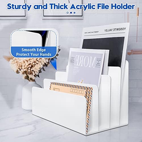 4 Section White Acrylic Desk Organizer and Accessories, Sturdy & Thick Acrylic File Folder Holder Sorter, Office Supplies for Mail, Letters, Paper, Electronics