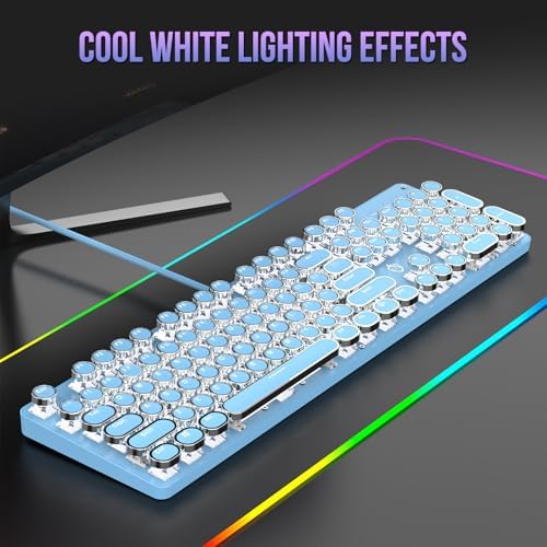 Typewriter Mechanical Gaming Keyboard with White Light Backlit Red Switches, 104 Keys Retro Round Keycap, Wired Typewriter Style Comfortable Typing Soud (Blue)