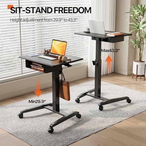 JOY worker Rolling Laptop Desk with Drawer, 28" Black Mobile Standing Desk