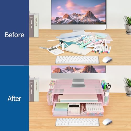 AUPSEN Computer Monitor Stands Riser，2-Tier Desk Organizers and Accessories, Office Desk Accessories Organizer with Drawers and 2 Pen Holder for Office Supplies (Pink)