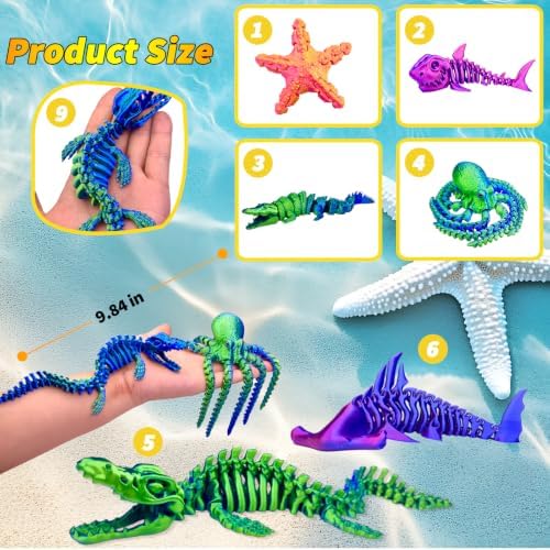 6Pcs 3D Printed Fidget Toys, Sea Animals,Articulated 3D Printed Octopus, Starfish,Flexible, Cool 3D Printed Stuff for Desk Decor Kids Adults for Boys Kids Teen 5-7 4-6 8-12