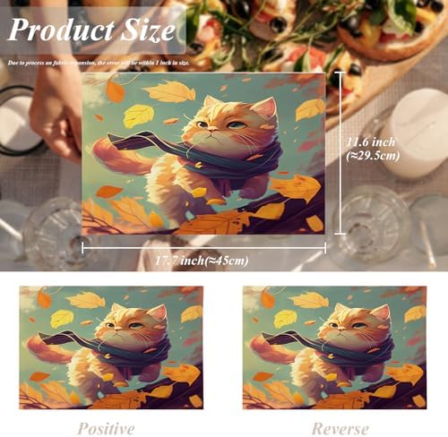 Shrahala Autumn Maple Leaves Set of 4 12 X 18 Inch Linen Placemats, Kittens Scarves Fallen Leaves Autumn Wind Burlap Table Mat Washable Double Layered Heat Insulation for Indoor/Outdoor