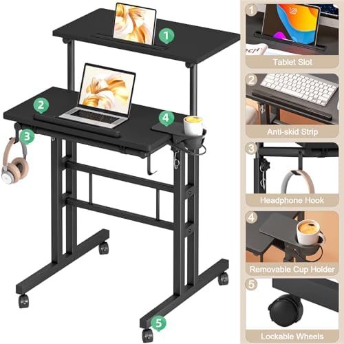 Klvied Mobile Standing Desk, Adjustable, Black