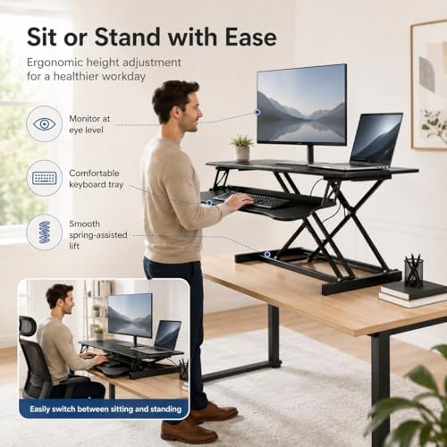 32 Inch Desk Converter, Height Adjustable Stand Up Dual Monitor and Laptop Workstation, Desk Riser for Standing with Wide Keyboard Tray, Standing Desk Topper with Spring Loaded Lift (Black)