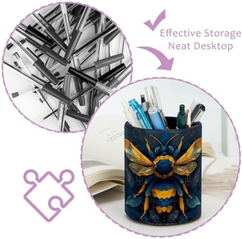 Leather Pen Holder for Desk, Bee Pencil Cup Pen Organizer Makeup Brush Holder for Office Home Kids Countertop Desk Accessory Storage