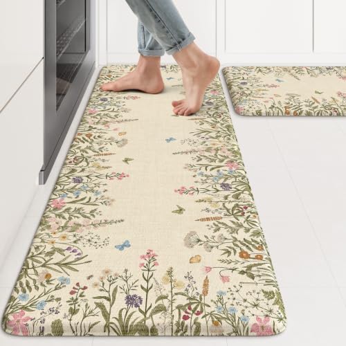KIMODE Kitchen Mats Cushioned Anti Fatigue 17"x47"+17"x29", Farmhouse Kitchen Mats for Floor 2 Piece, Padded Kitchen Floor Mats Non Slip, Cream Wildflower Standing Mat for Laundry Bath Sink Office