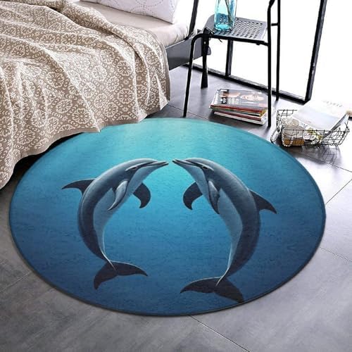 Large Home Decor Mat, Soft Round Yoga Carpet, Non Slip Machine Washable Home Office Circle Rug Ocean Sea Animal Lover Dolphin