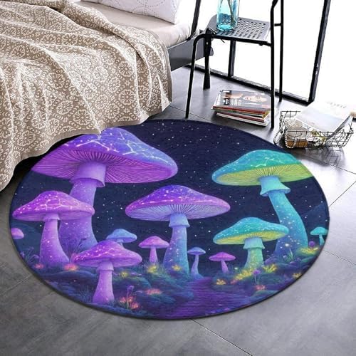 Men's Large Home Decor Mat, Soft Round Yoga Carpet, Non Slip Machine Washable Home Office Circle Rug Neon Mushrooms