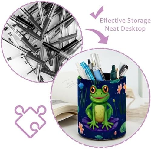 Pencil Holder for Desk, Cute Frog Pen Cup Makeup Brush Holder, Leather Desktop Organizer Storage Case Stationery for School Home Office Supplies