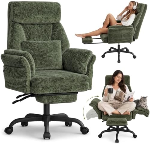 ELABEST C57 Ergonomic Reclining Office Chair with Footrest,Velvet Desk Chairs with 6-Stage Adjustable Wing Armrests for Cross Legged Sitting, Pet-Friendly High Back Lounge Gaming Chair for Home Office