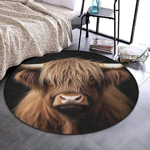 Soft Round Yoga Carpet, Large Home Decor Mat, Non Slip Machine Washable Kitchen Office Circle Rug Highland Cow
