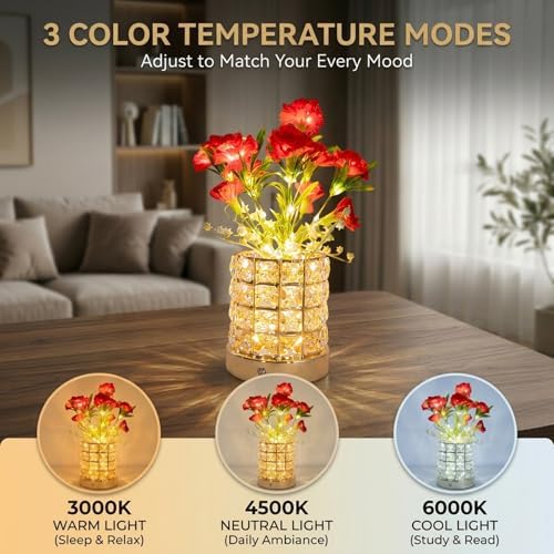 Flower Table Lamps, Rechargeable Cordless Small Desk Lamp, 3 Colors Dimmable Artificial Flowers Night Light, Fake Bouquet Carnation with Crystal Vase Gifts for Girl Women Mom (Red - Carnation)