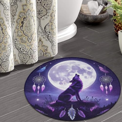 Soft Round Yoga Carpet, Large Home Decor Mat, Non Slip Machine Washable Kitchen Office Circle Rug Native Dream Catcher American Wolves