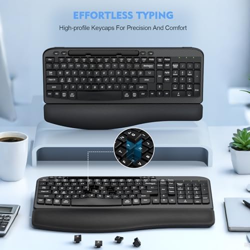 EAYBLLY 2.4G Wireless Ergonomic Keyboard, Full Size Wave Keys with Memory Foam Wrist Rest & 7.28in Phone Holder, USB-C Adapter Included for Windows Mac Chrome OS, Office or Home (Black)