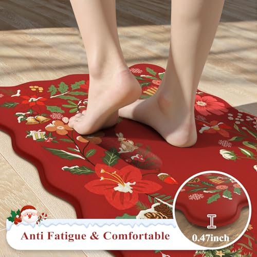 KIMODE Anti Fatigue Kitchen Mats for Floor, Christmas Decor Kitchen Rugs Sets of 2, Cushioned Kitchen Floor Mats Non Slip, Red Rugs for Kitchen Floor Christmas Decorations Laundry Desk 17"x47"+17"x29"