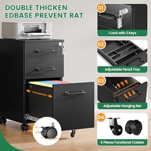 3 Drawer Slim File Cabinet, Mobile Filing Cabinet with Lock,Black Rolling Narrow File Cabinets with Casters, Under Desk Office Cabinets for Home Office,Fit A4/Letter/Legal(Unassembled)
