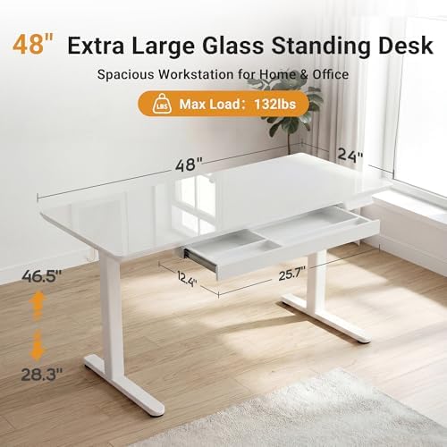 YDN Glass Standing Desk with Drawers 48x24 Inch Super White