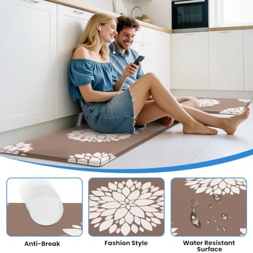 2PCS Kitchen Mats for Floor, Anti Fatigue Non-Slip Water Resistant Khaki Rug